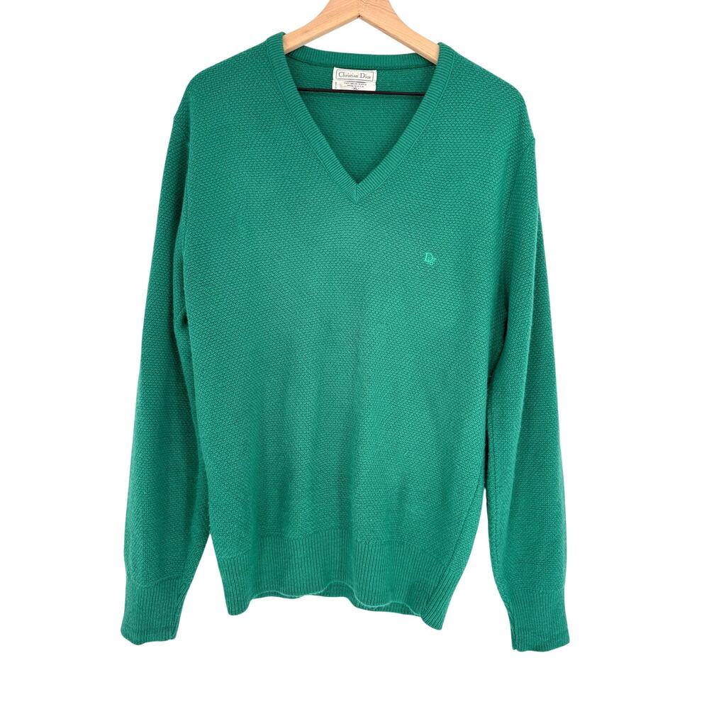 Vintage Christian Dior Made in USA Green Orlon Acrylic Knit Sweater Mens XL